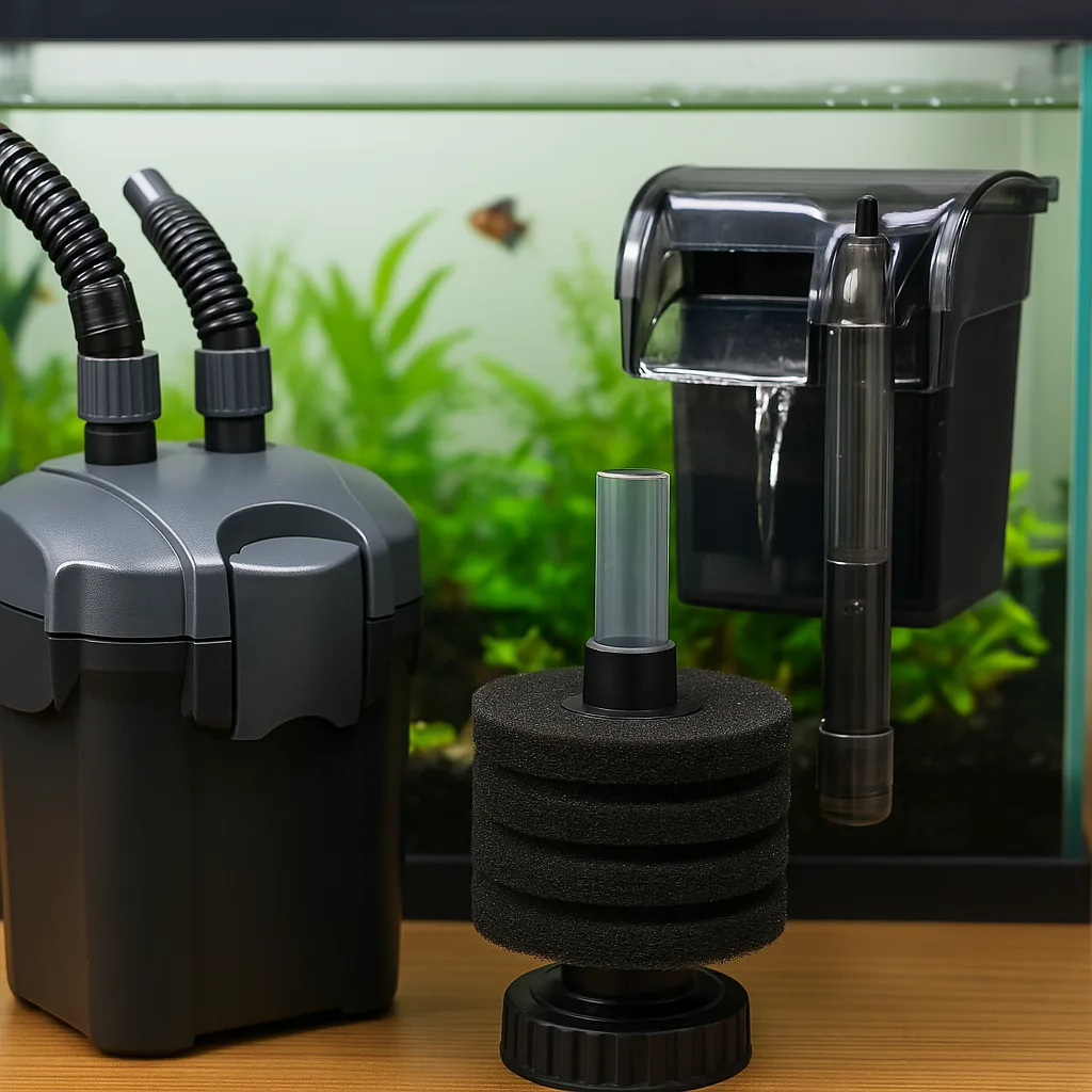 close-up view of three types of aquarium filters—a canister filter, a sponge filter, and a hang-on-back filter—displayed in front of a planted freshwater aquarium with a small fish swimming in the background.