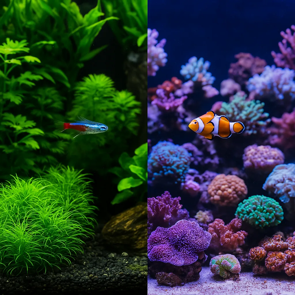 a planted freshwater tank with green foliage and a neon tetra on the left, and a colorful saltwater reef tank with corals and a clownfish on the right.