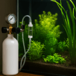 CO2 injection equipment on the left, including a white cylinder and brass regulator, and a lush planted tank on the right with Vallisneria and Rotala under soft lighting.