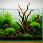planted aquascape within a glass aquarium featuring tall driftwood, lush green aquatic plants, dark rocks, and a single neon tetra swimming mid-tank.