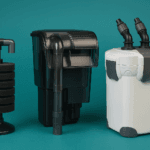 three aquarium filters — sponge, hang-on-back, and canister