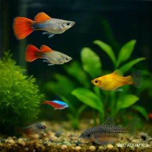 home aquarium with fish species like guppies, platies, neon tetra, and corydoras swimming among green plants over a pebbled substrate under soft lighting.