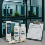 Caridina shrimp rack system displaying multiple aquariums with sponge filters, alongside a TDS meter, pH tester, GH+ remineralizer bottles, and a parameter tracking clipboard