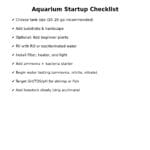 Visual checklist of aquarium startup steps including tank, substrate, filter, plants, water testing, and livestock acclimation
