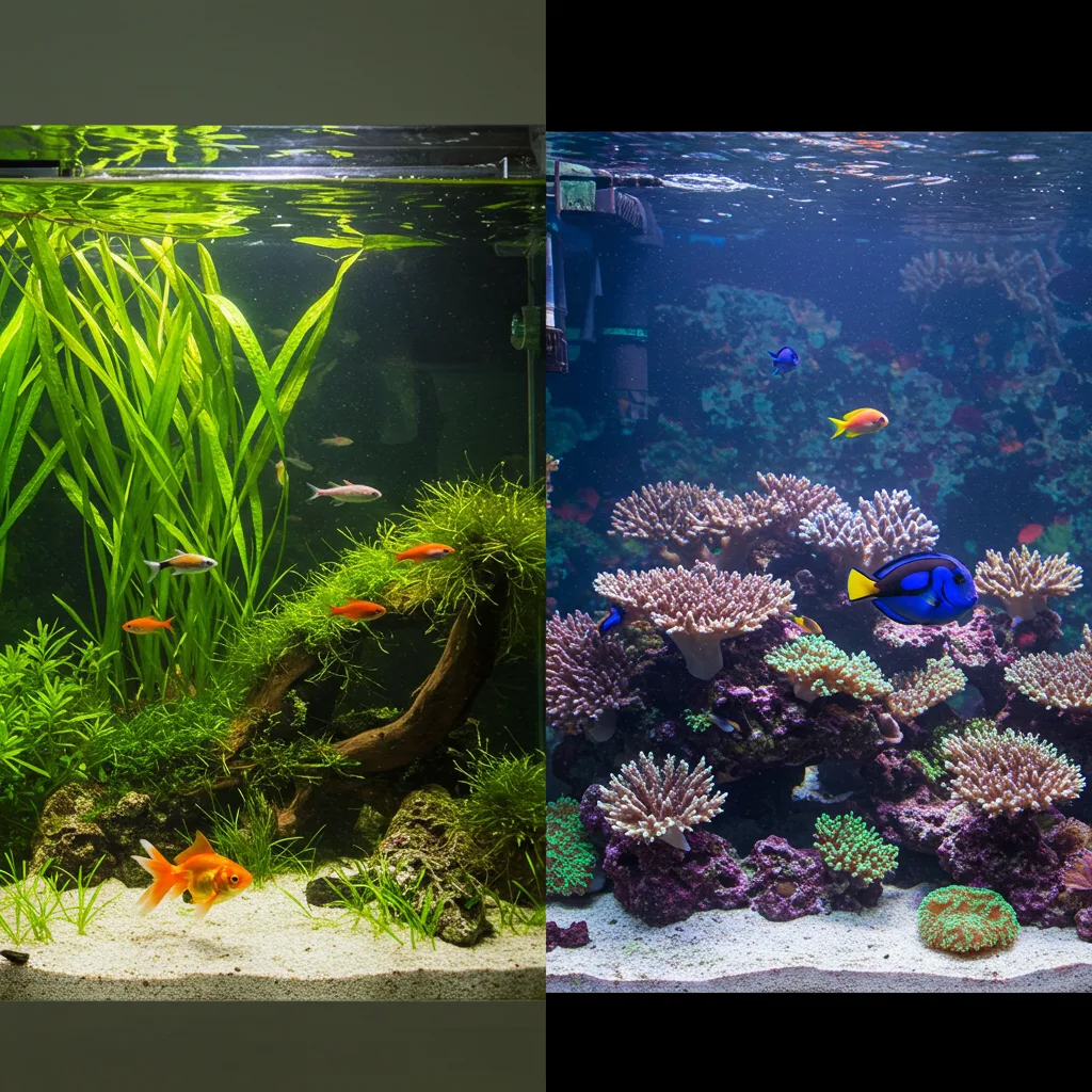 Freshwater vs Saltwater Aquariums split screen