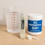 RO water remineralization setup with TDS meter, clear jug, GH+ mineral powder, and scoop on a light wood surface