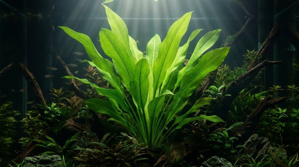Large amazon sword plant as a centerpiece in a planted aquarium