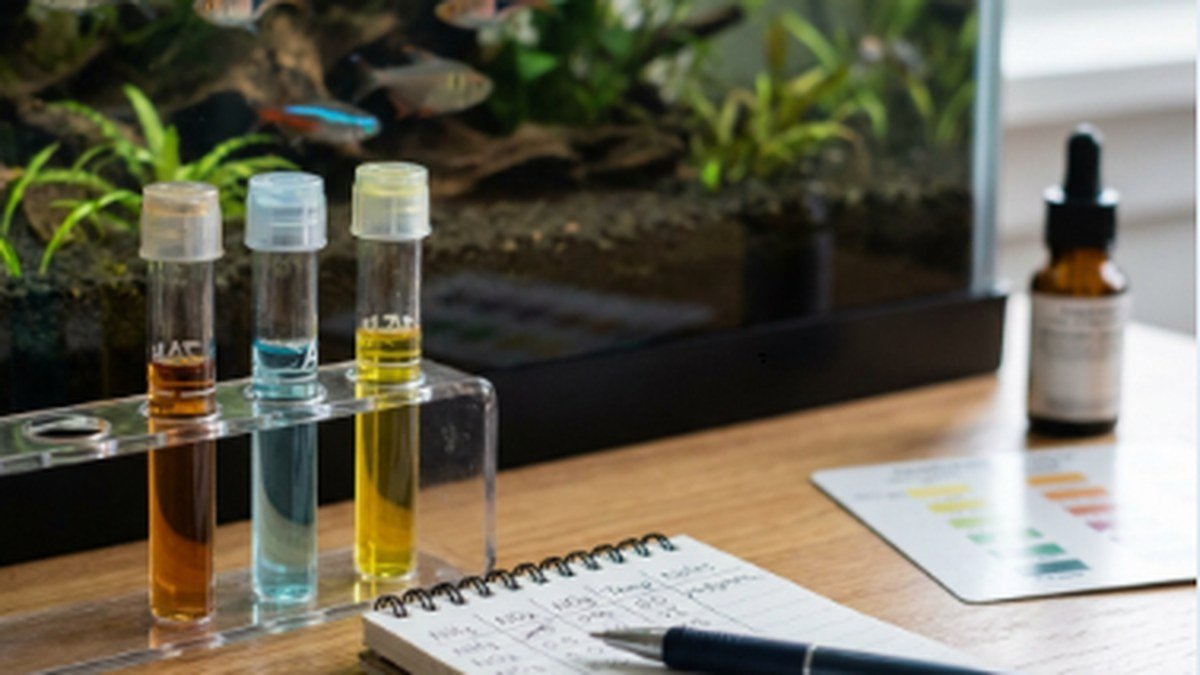 Aquarium test kit and notes used to check ammonia and nitrite after cleaning a fish tank.