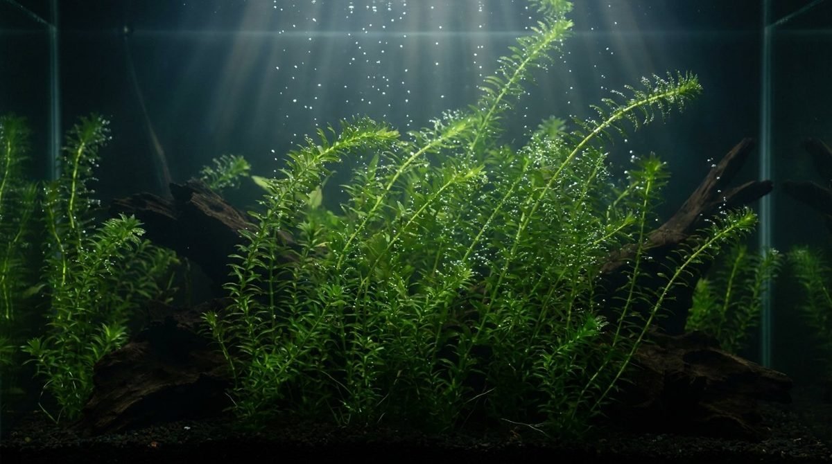 Anacharis egeria densa with oxygen bubbles in a freshwater aquarium