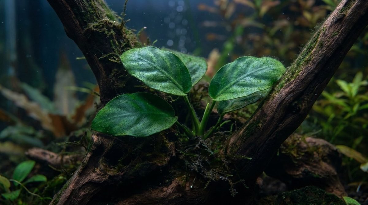 Anubias with thick dark green leaves attached to driftwood in an aquarium