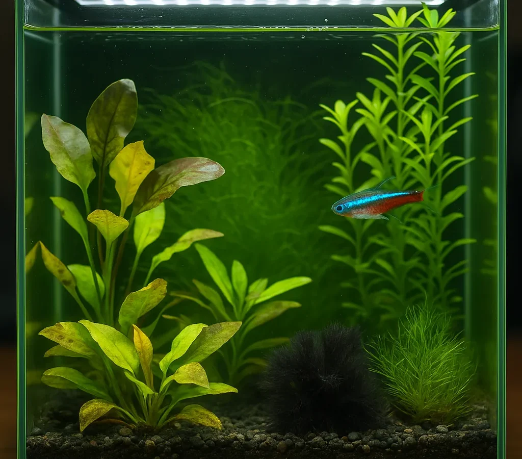 Freshwater planted aquarium showing visible plant health issues including yellow leaves, algae growth, and a single neon tetra swimming