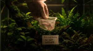 A hand tending a recovering fish in a dark planted aquarium