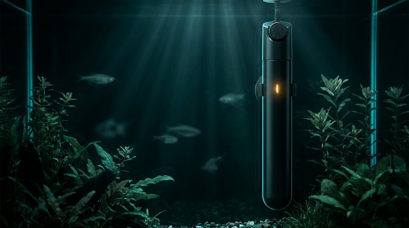 A sleek black submersible aquarium heater glowing warm amber inside a dark planted aquarium