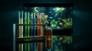 A rack of aquarium water-test tubes, each a different reagent color, against a dark background