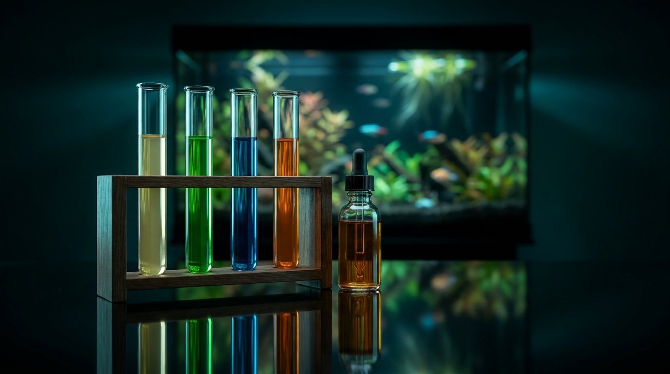 A rack of aquarium water-test tubes, each a different reagent color, against a dark background