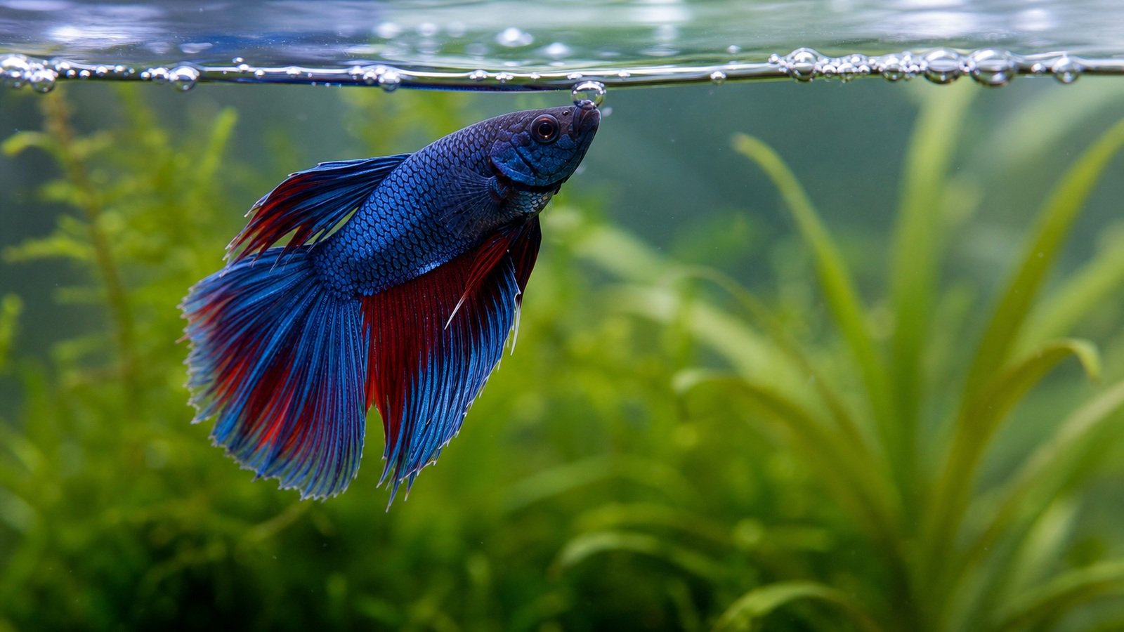 Betta fish at the water surface with mouth near the top, indicating gasping behavior.