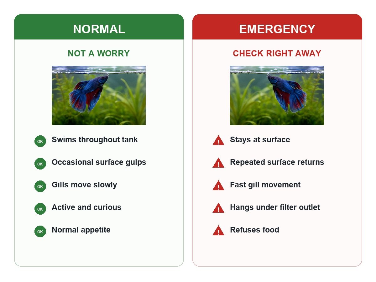Comparison of normal betta behavior versus emergency signs when gasping at the surface.