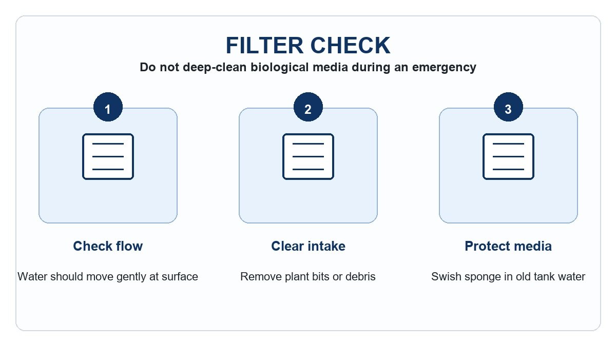 Diagram showing what to check on an aquarium filter without deep-cleaning biological media during a betta emergency.
