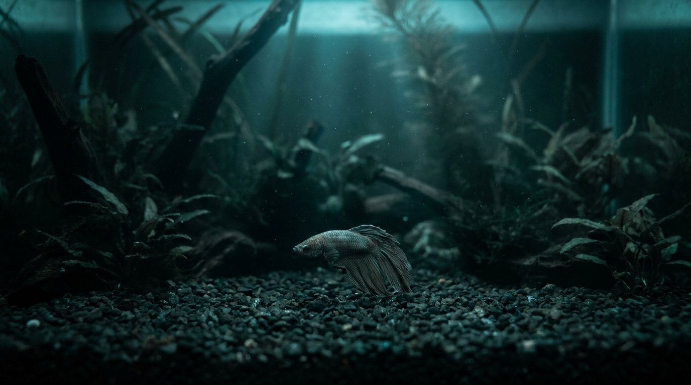 A listless freshwater fish with fins clamped tight, hovering in a dim planted aquarium