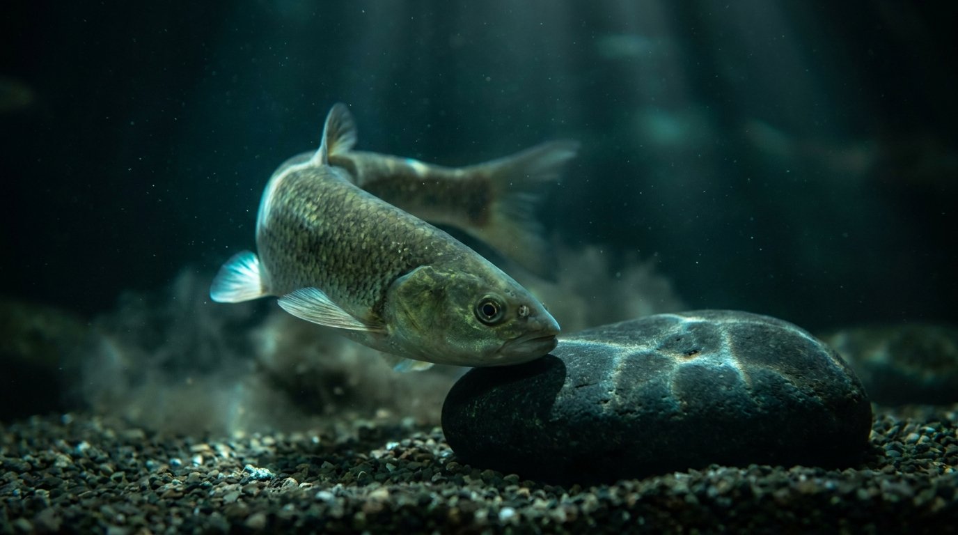 A freshwater fish twisting to scrape its flank against a rock and gravel in a dark aquarium