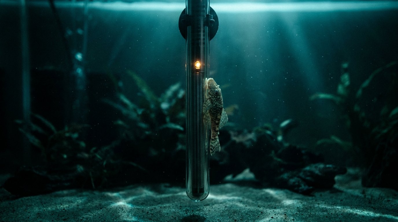 A freshwater fish resting beside a glowing submerged aquarium heater in a dark tank