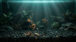 Uneaten fish-food flakes settling on aquarium gravel substrate in hazy water