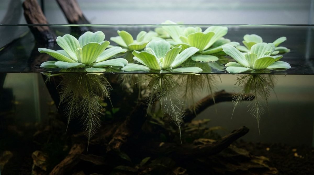Dwarf water lettuce floating rosettes in a freshwater aquarium