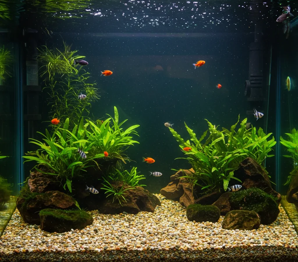 A clean and vibrant home aquarium with crystal-clear water, colorful tropical fish swimming actively, live plants in the background, a gravel substrate, and gentle lighting that highlights the serene aquatic environment. The scene should be bright, peaceful, and well-maintained to visually represent the importance of regular water changes in fish tanks.
