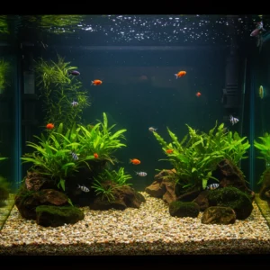 A clean and vibrant home aquarium with crystal-clear water, colorful tropical fish swimming actively, live plants in the background, a gravel substrate, and gentle lighting that highlights the serene aquatic environment. The scene should be bright, peaceful, and well-maintained to visually represent the importance of regular water changes in fish tanks.