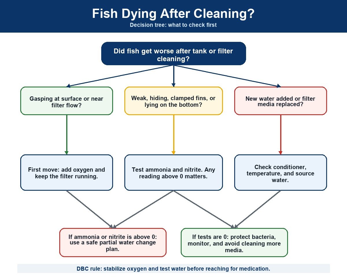 Decision tree for what to check first when fish are dying after cleaning the tank or filter.