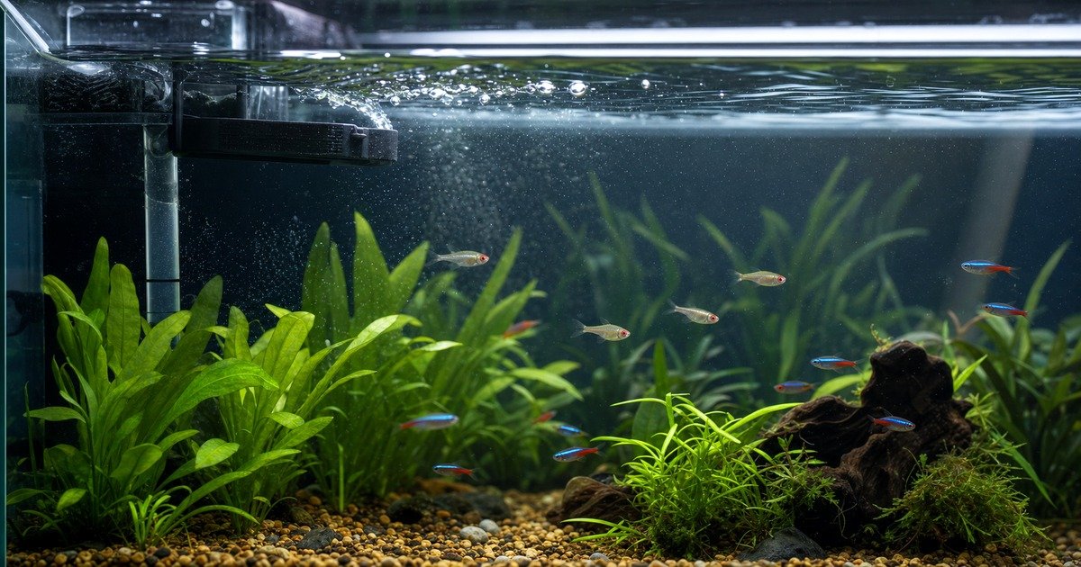 Freshwater aquarium with filter outlet and surface movement after a tank cleaning emergency.