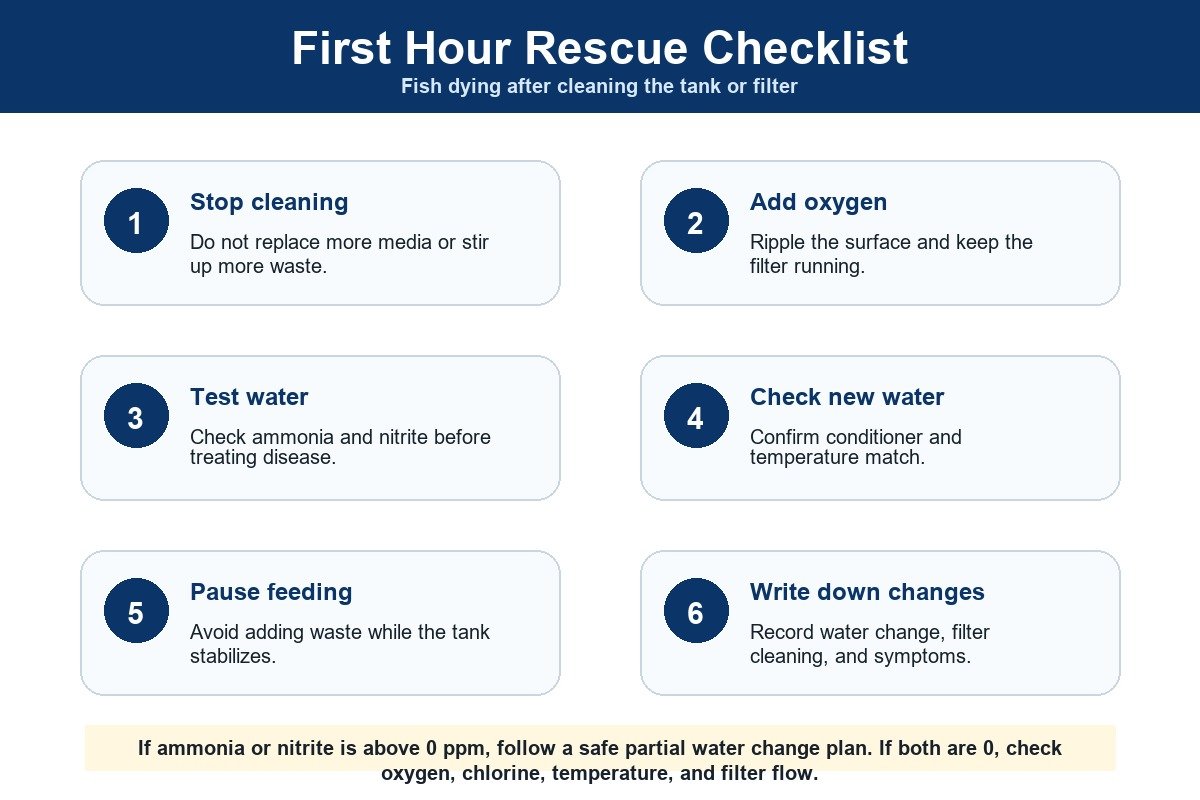 First hour rescue checklist for fish dying after cleaning the tank or filter.