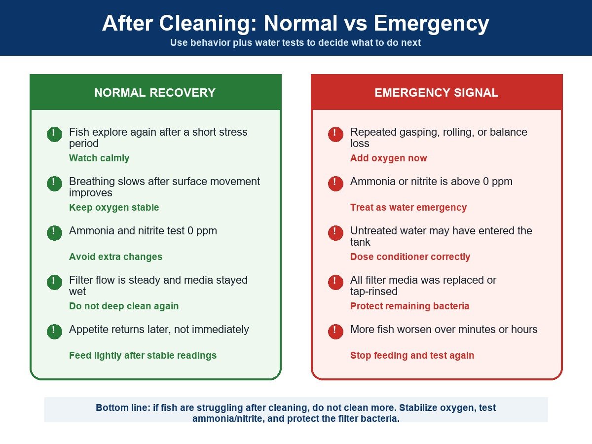 Comparison of normal post-cleaning fish behavior and emergency warning signs after aquarium cleaning.