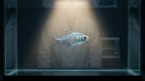 A single fish examined under soft diagnostic light in a dark aquarium