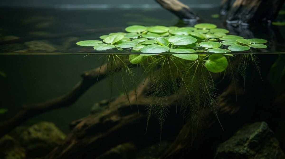 Amazon frogbit floating with trailing roots in a freshwater aquarium
