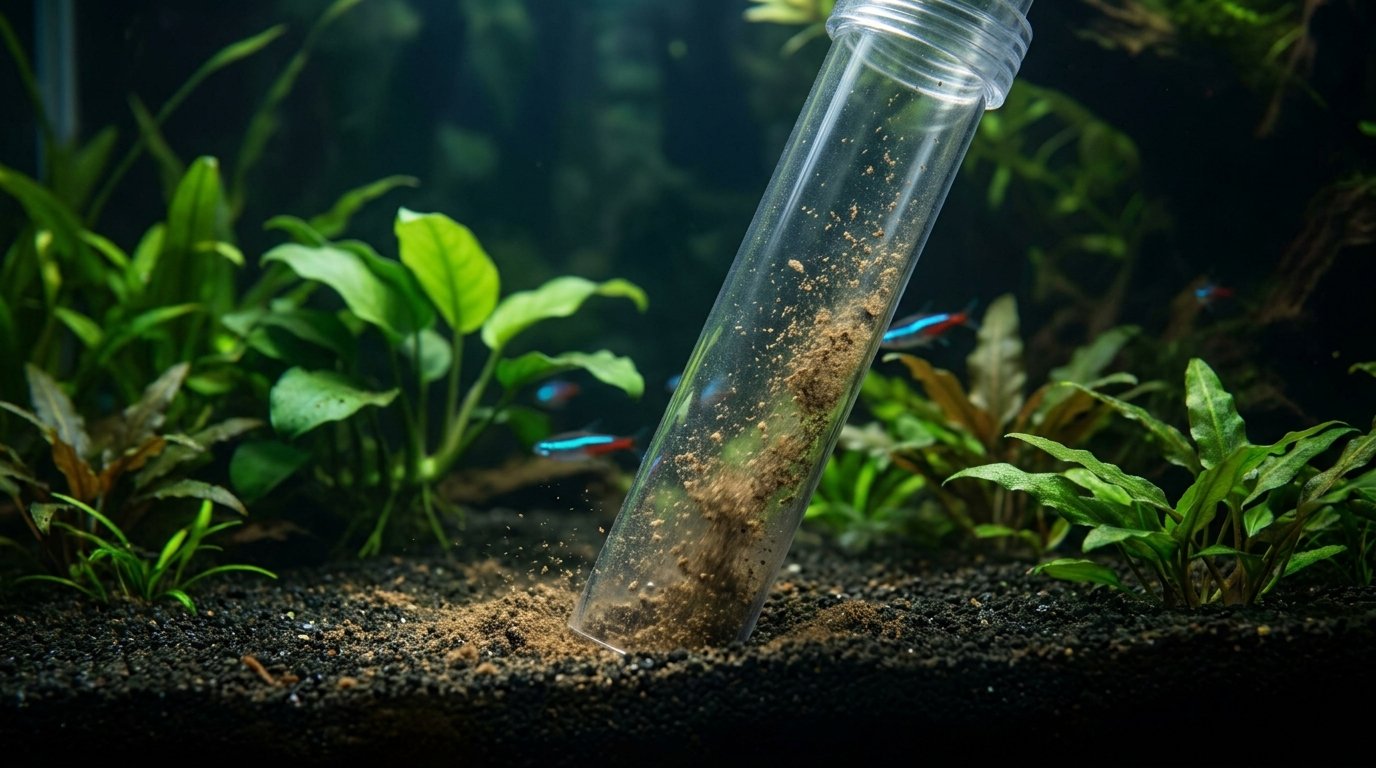 A gravel vacuum siphon cleaning the substrate of a planted aquarium during a water change