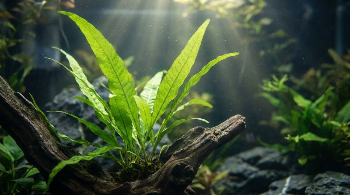 Java fern with strappy green leaves attached to driftwood in an aquarium