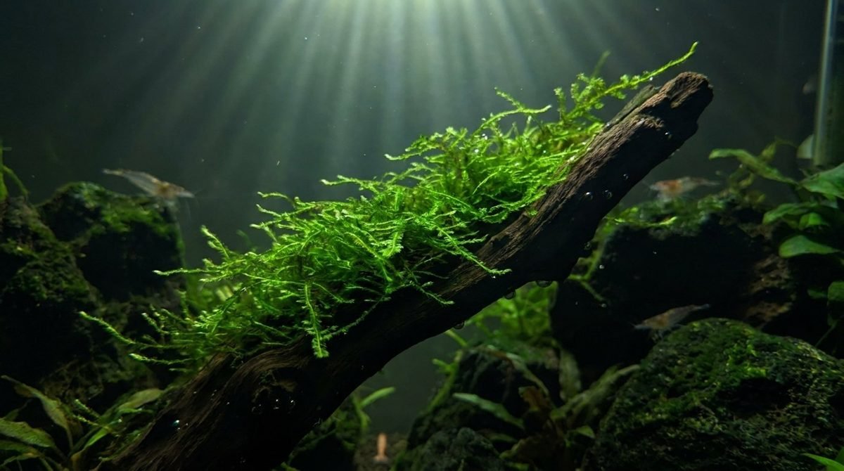 Lush green java moss growing on driftwood in a planted freshwater aquarium