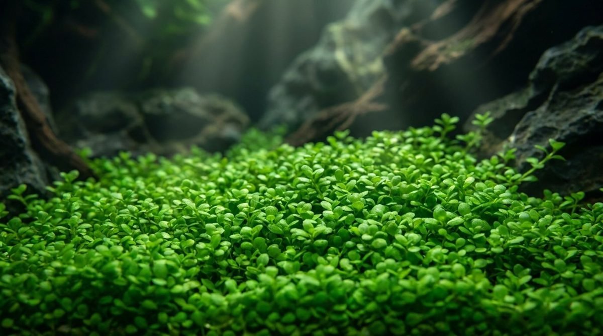 Lush green pearl weed carpet in a planted freshwater aquarium