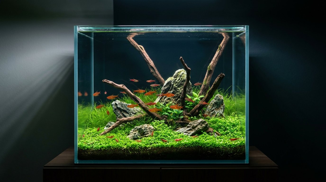 A professionally aquascaped planted nano aquarium with nano fish and cherry shrimp