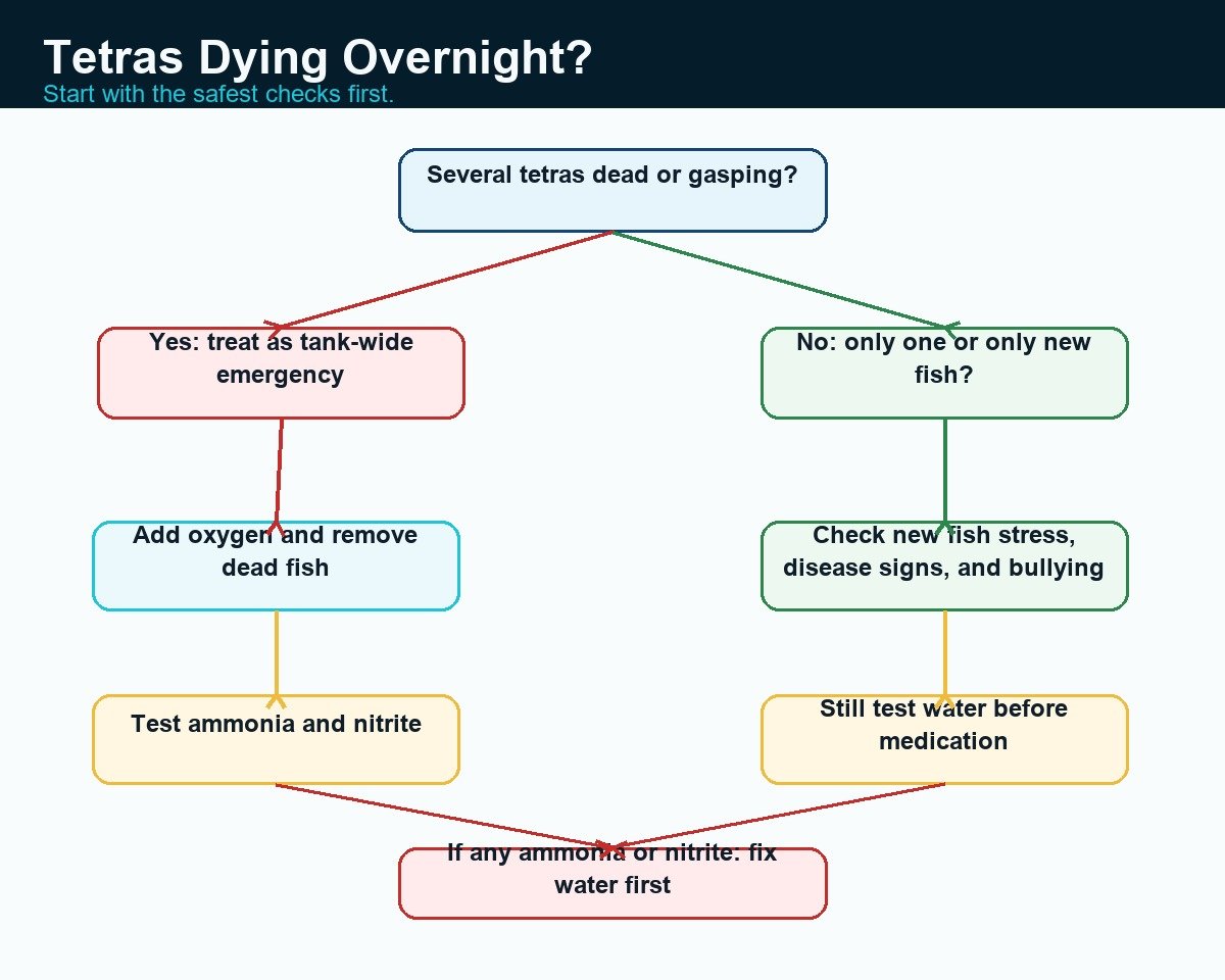 Decision tree for diagnosing why tetras are dying overnight.