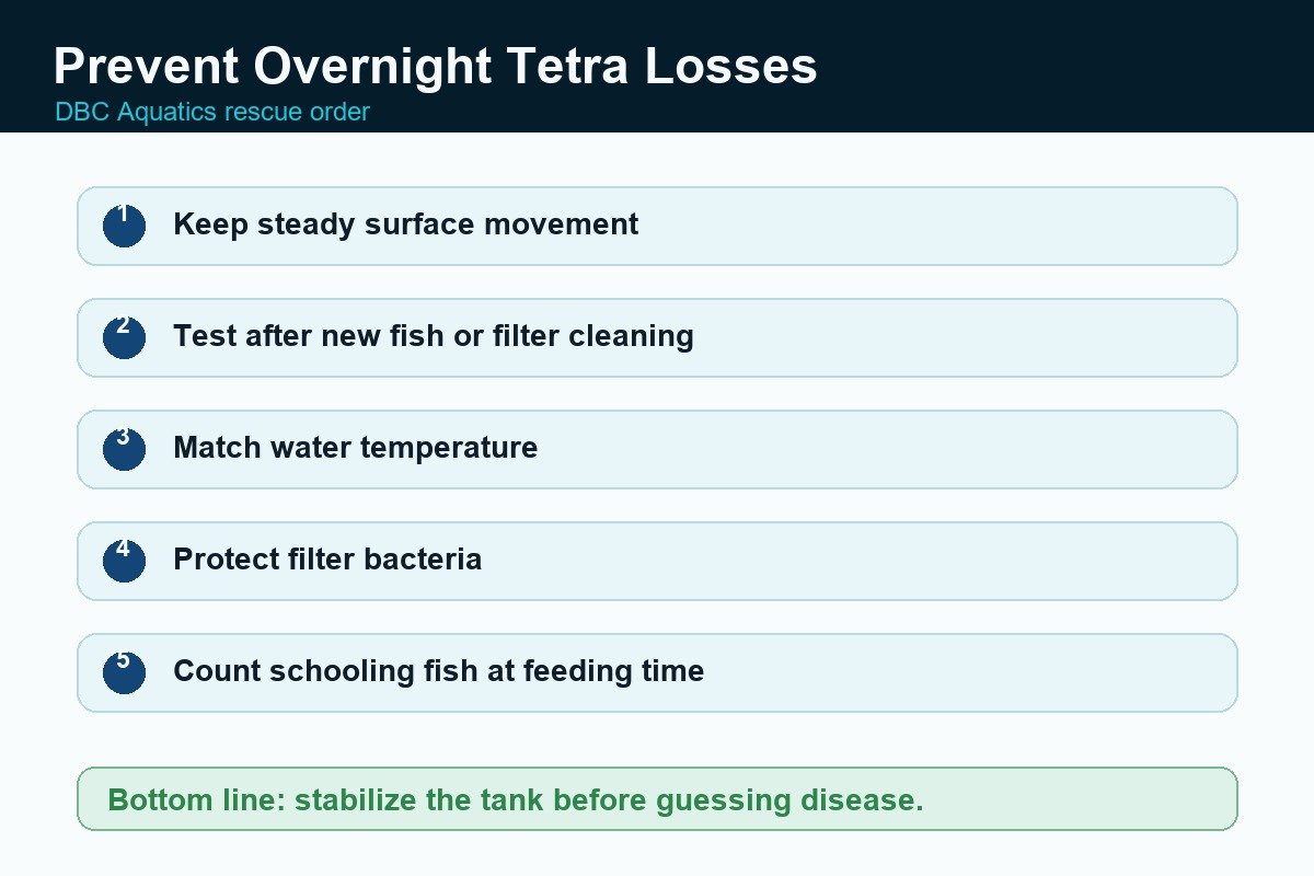 Prevention checklist for avoiding sudden tetra deaths overnight.