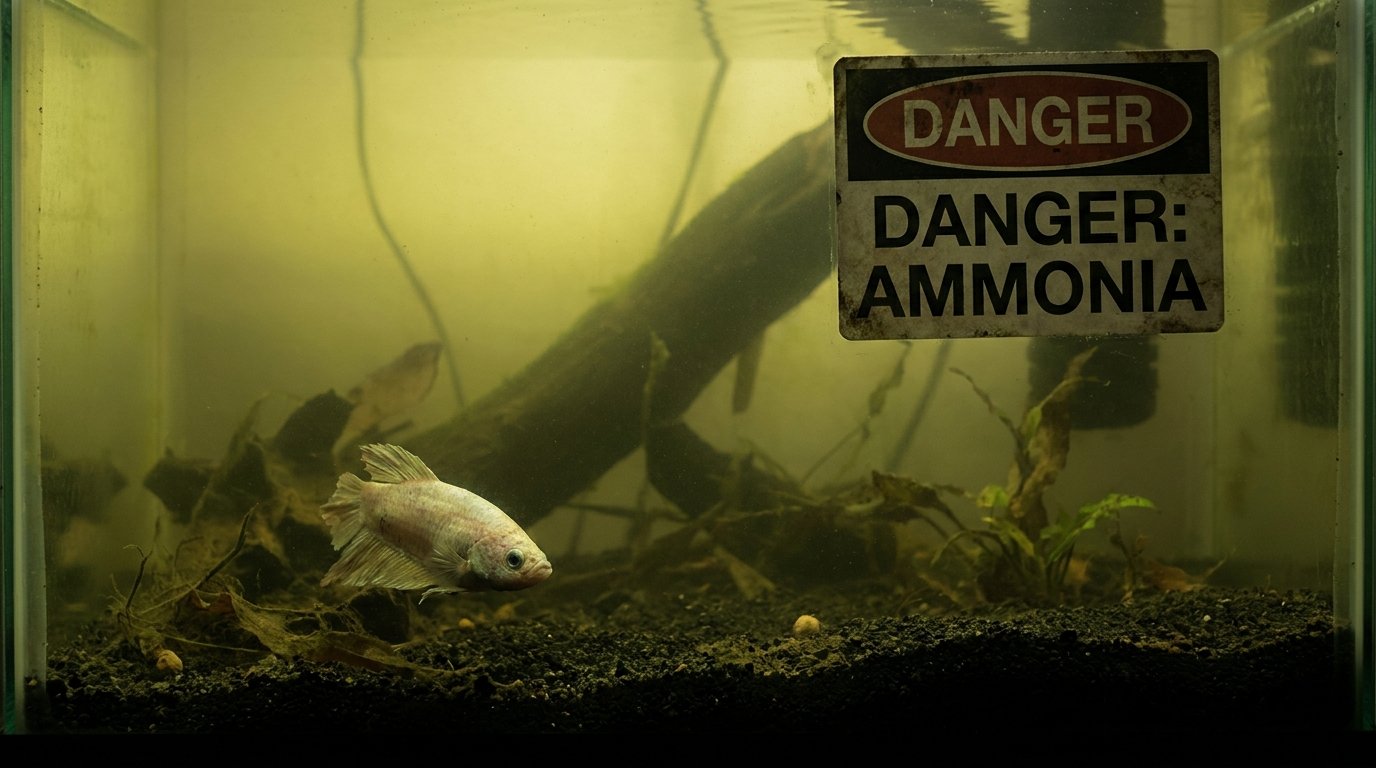 A dark aquarium with a toxic green-yellow tint and a stressed fish near the substrate