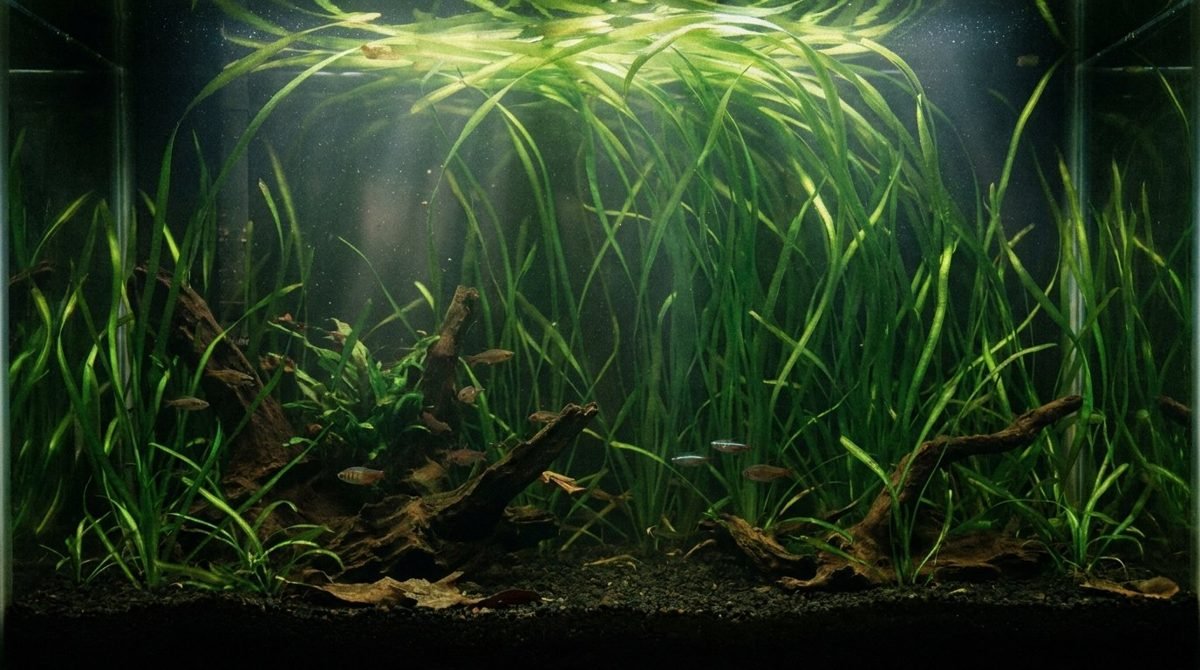 Tall jungle vallisneria forming a green curtain in a planted aquarium