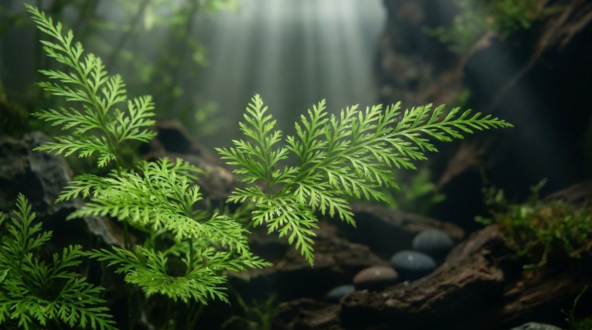 Water sprite aquatic fern with delicate lacy fronds in an aquarium