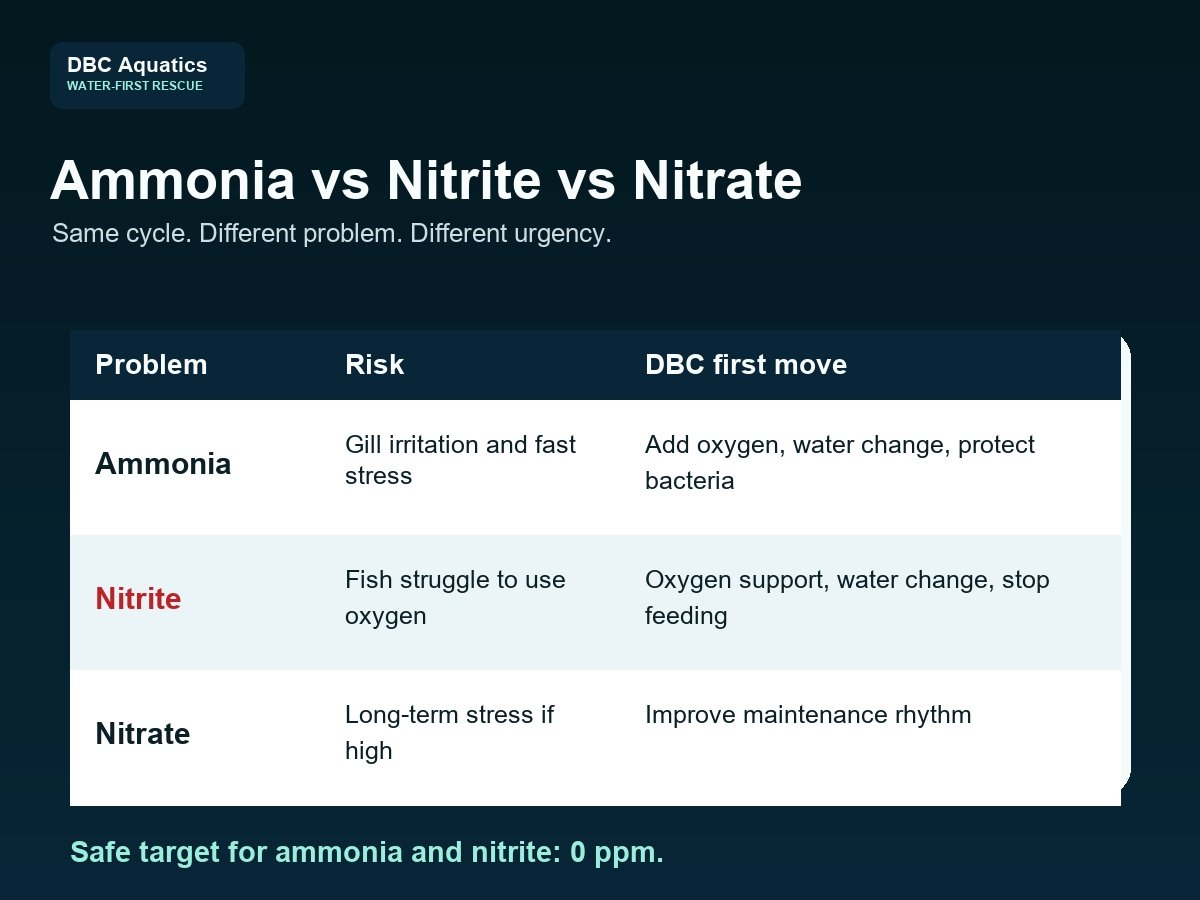 Comparison of ammonia nitrite and nitrate aquarium water problems.