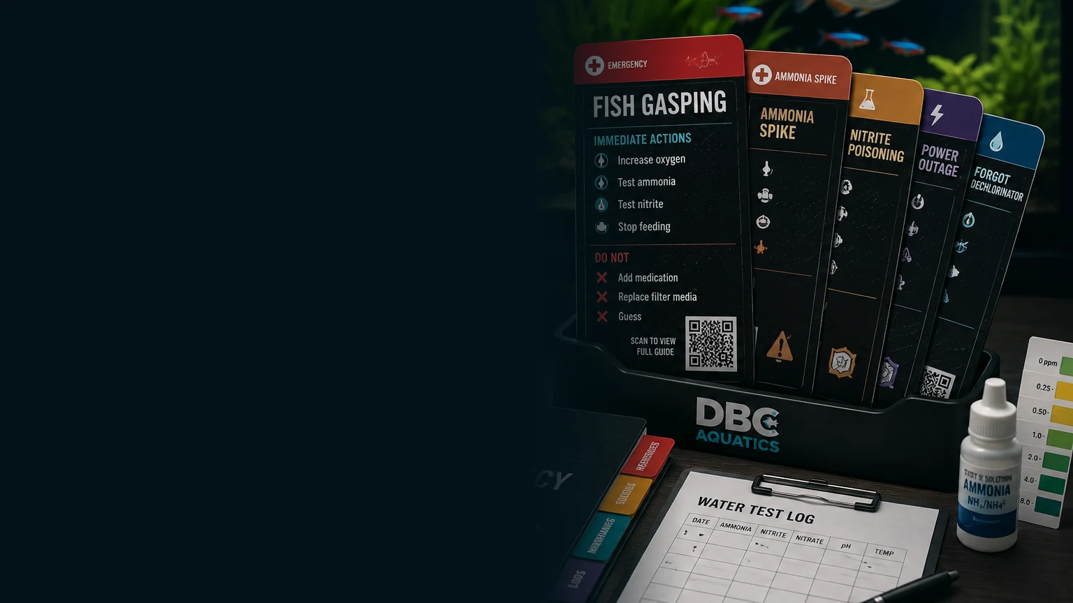 DBC Aquarium Command Center rescue cards, emergency binder, water-testing log, test vials, and conditioner beside a planted freshwater aquarium.