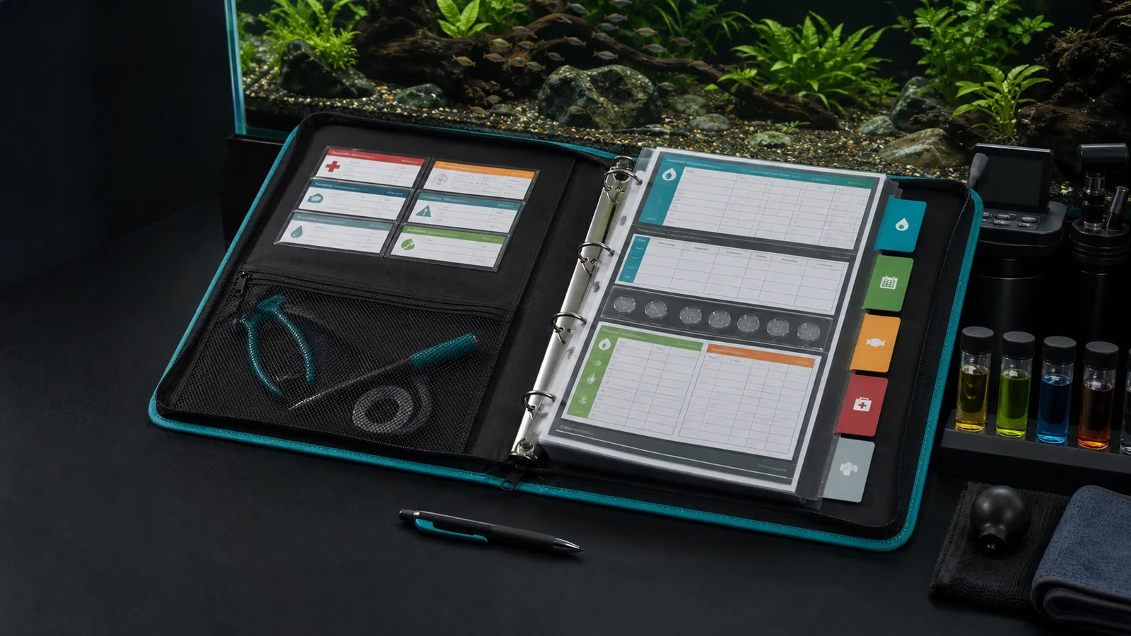 Open aquarium emergency binder with divider tabs, laminated command cards, water-testing records, maintenance logs, and test vials beside a planted aquarium.