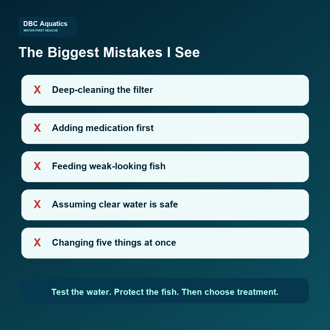 Biggest mistakes card for cloudy aquarium water and fish gasping emergencies.