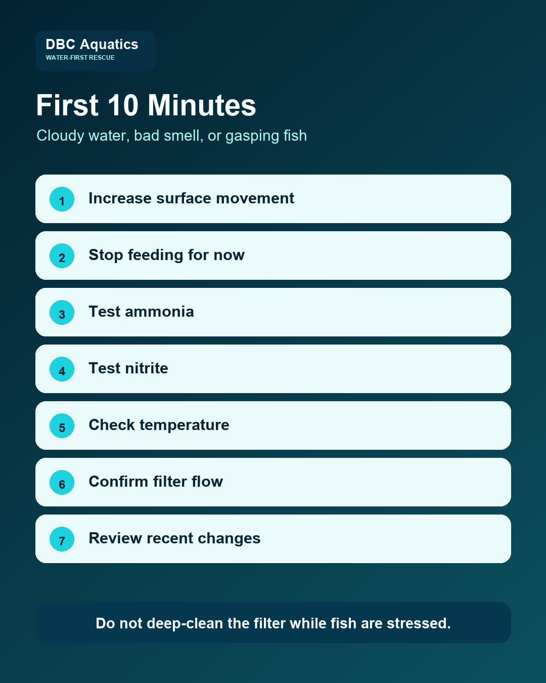First 10 minutes rescue checklist for cloudy water, bad smell, or gasping fish.